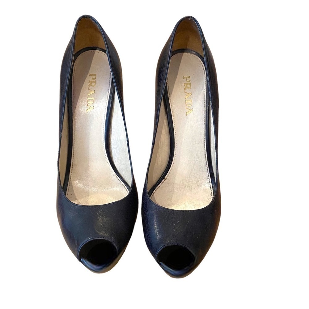 Authentic PRADA Leather Navy Blue Peep Toe Heels Pumps - Size 38.5 / Size 8.5